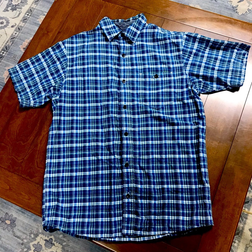 Red Head Blue Plaid Men's Casual Button‎ Down Short Sleeved Shirt